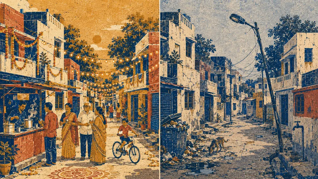 The same lane, twice: on the left, a street lit with festival lights as neighbours share chai; on the right, the same kind of lane with an overflowing bin, a leaning streetlight and a cracked road.