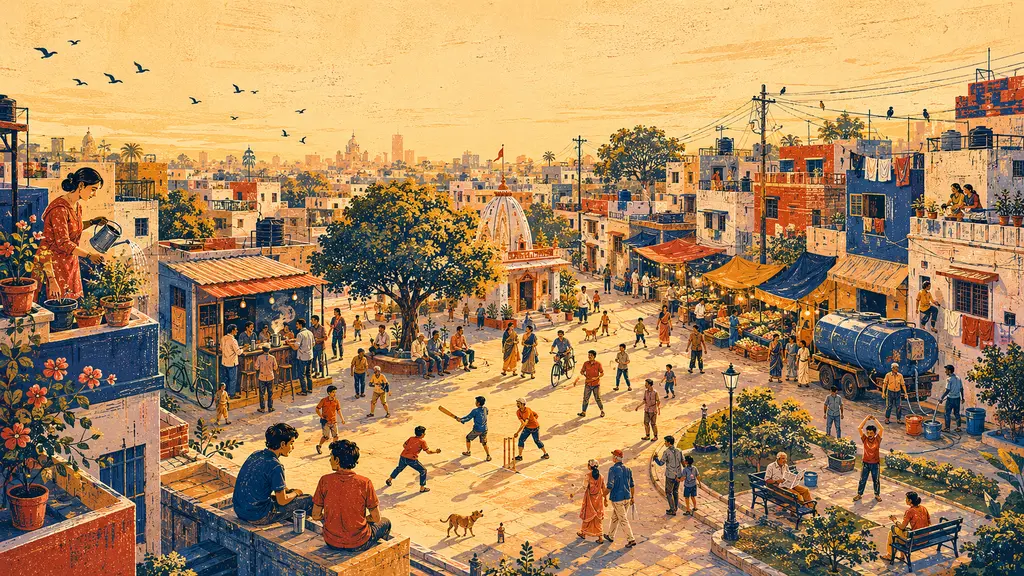 An aerial view of a dense neighbourhood alive at once: children playing cricket, a temple, a vegetable market, rooftops with washing lines and a water tanker — a whole gram in a single frame.