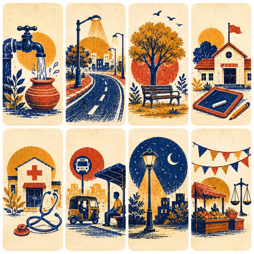 Eight woodblock-style illustrations, one per category: a water tap and pot, a lamp-lit road, a park bench under a tree, a school, a clinic with a stethoscope, an auto at a bus stop, a streetlight at night, and a market stall with festival bunting.