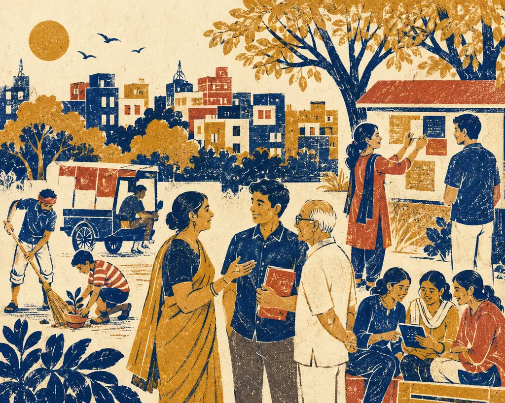 A neighbourhood scene of people sharing what they see: a woman and man talking with an elder, a resident pinning notices to a board, students reading together on a tablet, a sweeper and a child tending a plant, with the city skyline behind.