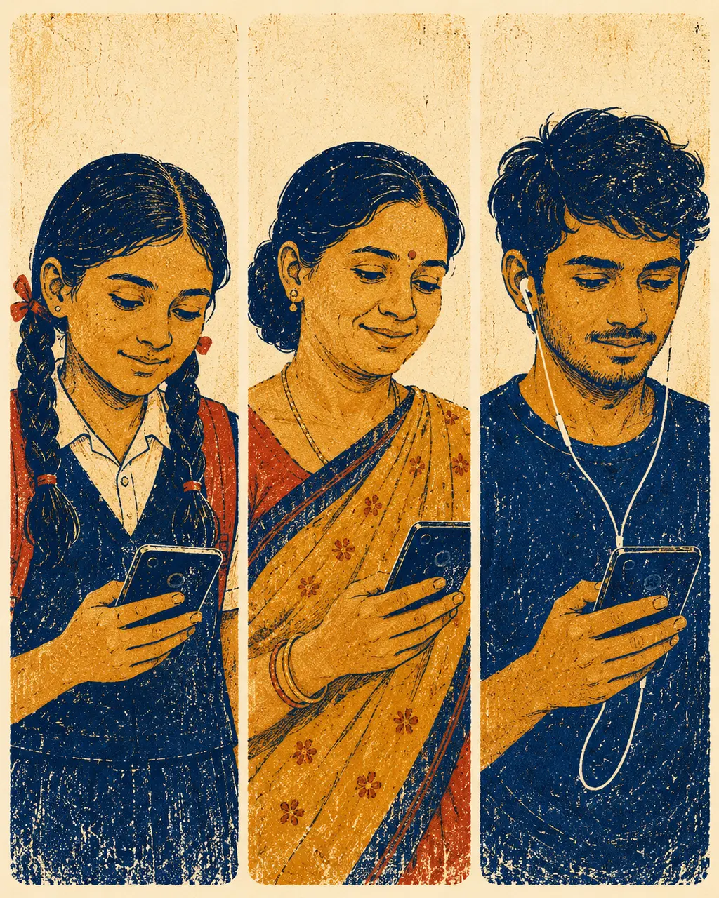 Three portraits side by side, each looking at a phone: a schoolgirl with braids, a woman in a sari, and a young man with earphones — Priya, Sunita and Ravi.